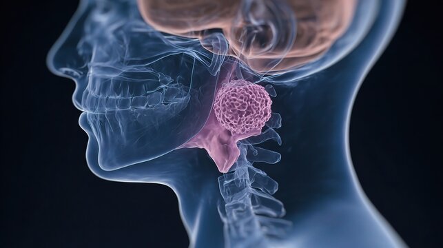 Medical illustration of Nasopharyngeal cancer focusing on head and neck oncology, nasopharynx tumor pathology, clinical diagnosis and professional targeted treatment research