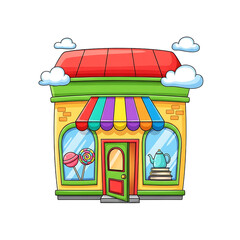 Obraz premium Cartoon shop building with candy and books in the window display isolated on transparent background