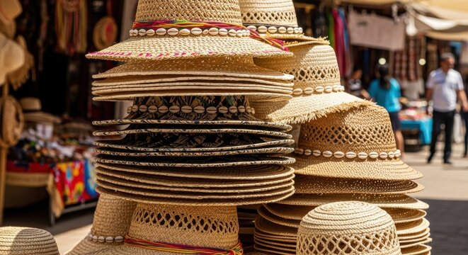 A collection of woven straw hats of various sizes and designs, stacked for display in a market or boutique.