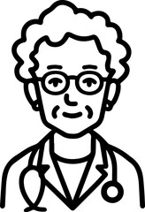 Obraz premium Hand Drawn Elderly Female Doctor Black and White Illustration in Minimal Line Art Style Design