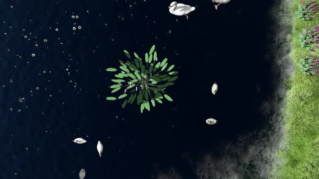 Top View Ducks Swimming Around Floating Green Leaves on Dark Pond Cinematic Nature Footage