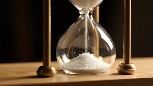 Close-up of an hourglass with sand flowing symbolizing the passage of time and urgency.