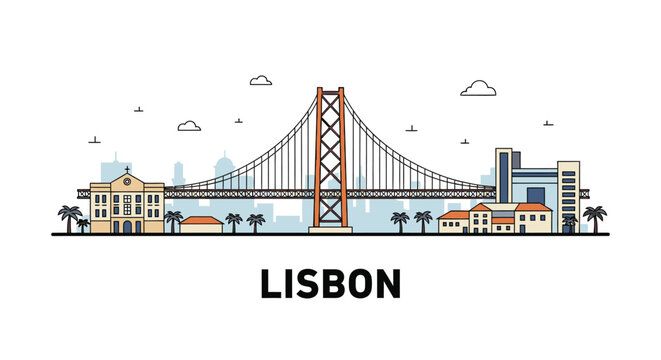 Lisbon City Skyline Illustration with 25 de Abril Bridge