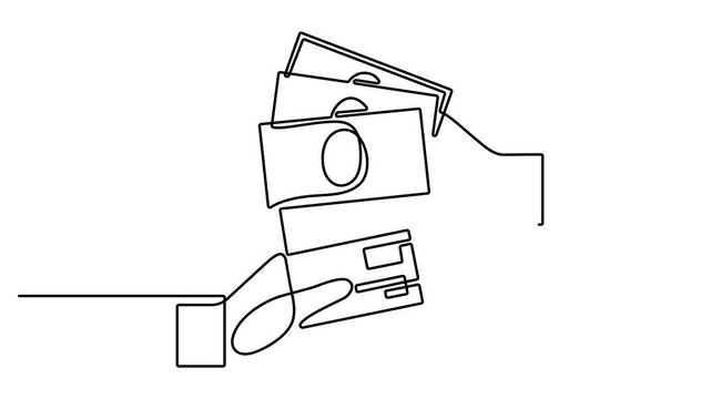 Animated self drawing of continuous one line drawing of a wallet with money and credit cards inside. Modern minimalist style for finance, banking, and payment concepts. Full length motion. 4k video