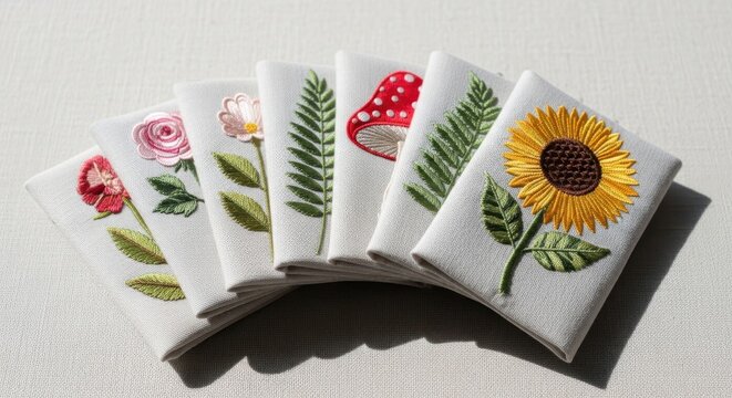 A Collection of Intricately Embroidered Patches Featuring Floral and Botanical Designs on Fabric
