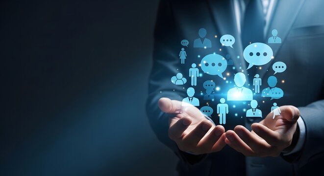 Businessman presenting a collection of glowing blue social media and people icons in his hands