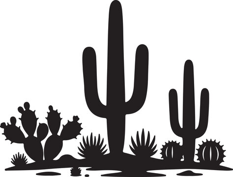 Desert cactus scene in silhouette on white background.