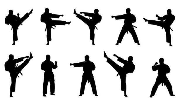 Martial arts silhouette set with dynamic fighting poses kicks punches and combat stances vector isolated on white