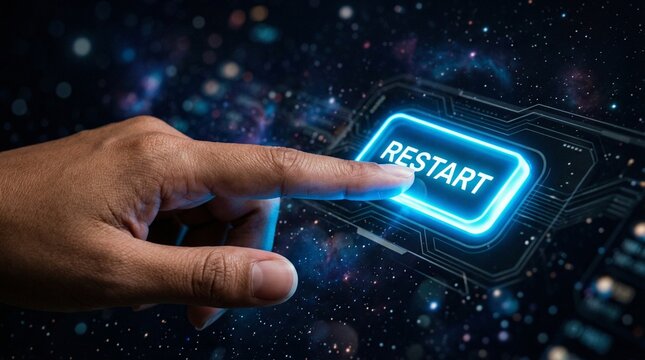 Restart: Fingertip hovers over a luminous RESTART button, hinting at new beginnings and the power to initiate change. A modern visual for digital reset and a fresh start.