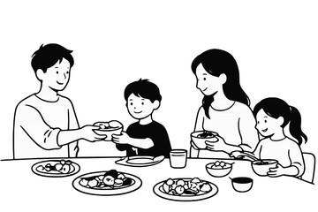 flat illustration of family having dinner with his kids