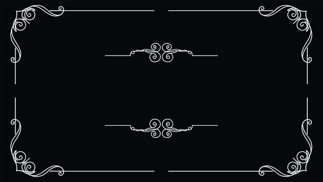 Ornate white decorative frame with swirls and flourishes on a solid black background suitable for classic film title cards.