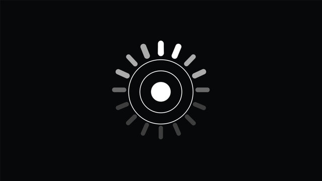 Minimalist white loading or buffering icon on a black background featuring concentric circles and rotating bars elements.