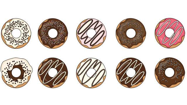 Grid of ten different delicious donuts with various chocolate pink and white glazes and sprinkles on white background.