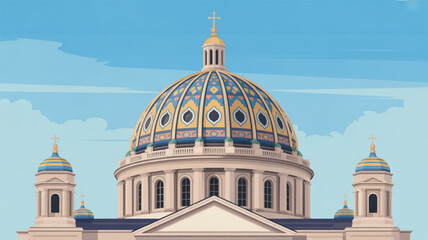 Fototapeta premium Ornate beige church building with large blue gold and white dome against a clear blue sky with clouds