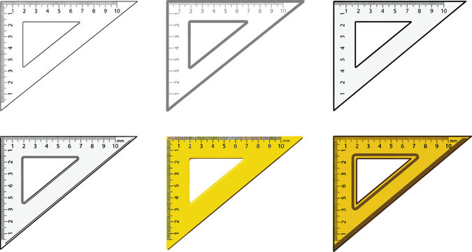 Triangle Ruler Set Square Vector Collection with Measuring Scale Tools, Geometry Instruments in Transparent, Metal, and Yellow Styles for School and Engineering Design