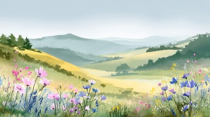 Obraz premium Watercolor painting of a flowery meadow and hills