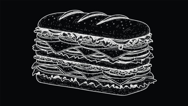 Detailed chalk style line drawing of a massive multi-layered sandwich with various fillings on a solid black background.