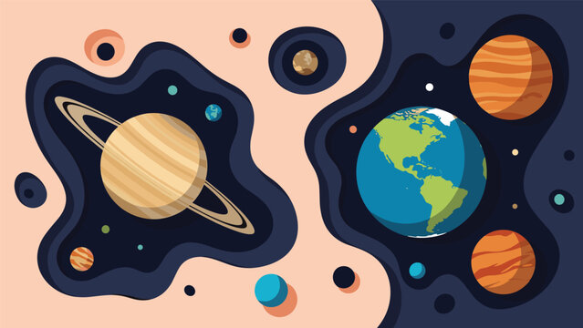 Artistic space illustration featuring planets like earth and saturn with stylized orbits and stars in deep blue sky.