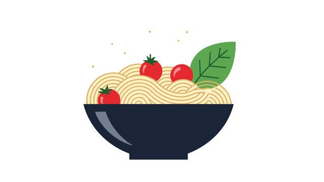 Simple flat illustration of a blue bowl filled with swirls of spaghetti pasta topped with red tomatoes and a basil leaf.