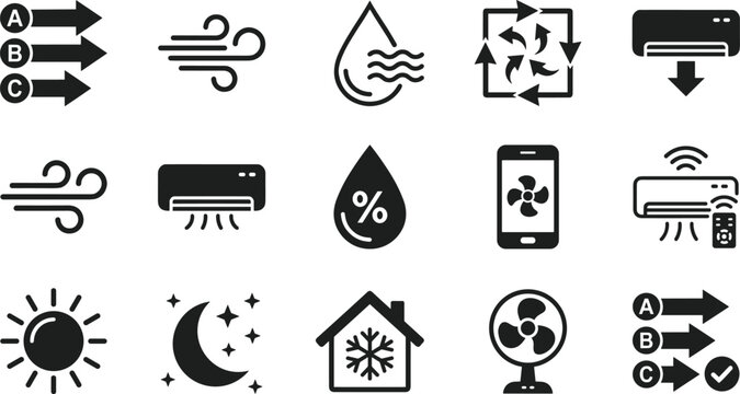 Air Conditioning and Climate Control Icon Set with Temperature, Ventilation, Humidity, Cooling Systems and Weather Elements for Smart Home Solutions