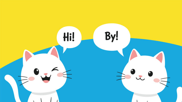 Playful illustration of two cute white kittens in speech bubbles saying hi and by on a vibrant blue and yellow backdrop.