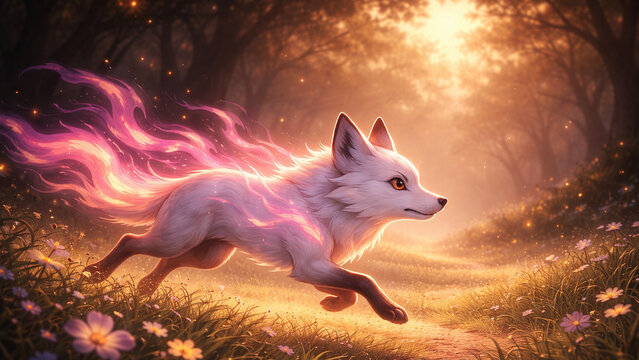 Majestic White Fox with Glowing Pink and Orange Aura Running in Sunlit Golden Forest, Magical Fantasy Creature Digital Illustration for Autumn Background and Wall Art Design