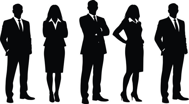 Business people silhouette set isolated on white background, corporate team figures in formal suits representing leadership, teamwork, office professionalism concept