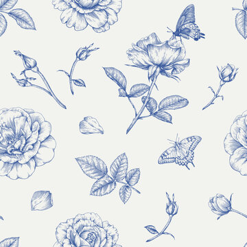 Toile art Floral Vintage vector seamless pattern flowers Roses, buds, leaves, butterflies, blue beige. Hand drawn background for design wedding decor, packaging, textile, wrapping paper, wallpaper
