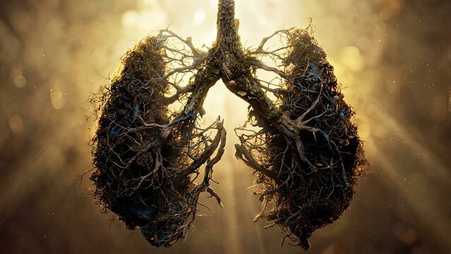The Lungs of Nature: An intricate representation of human lungs formed from roots and branches, bathed in golden sunlight, symbolizing the profound connection between nature and life.