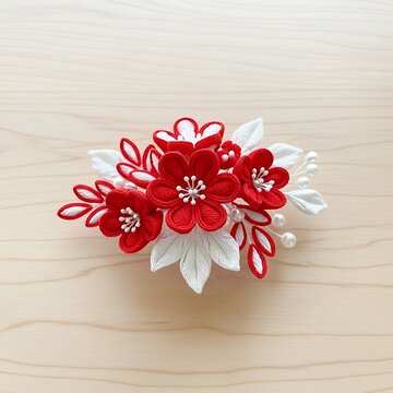 Traditional japanese tsumami zaiku hair accessory with red and white flowers