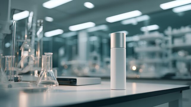 Product Presentation in Laboratory: A minimalist presentation of a sleek product, set against the backdrop of a modern laboratory, highlighting innovation and scientific precision.
