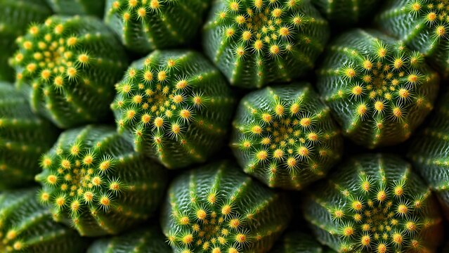 Macro photograph of cactus areoles forming geometric radial pattern with green succulent texture background