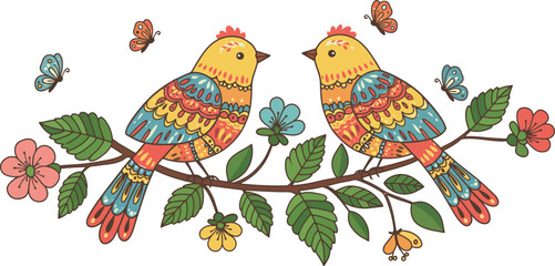 Obraz premium A set of cute cartoon vector illustrations featuring colorful tropical birds like parrots and macaws with feathers and beaks perched on a jungle tree branch with flowers in a nature design