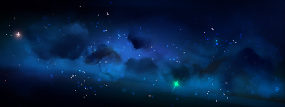 Starry blue sky background with nebula clouds and cosmic light, space universe scene with glowing stars, abstract vector illustration. Night bright wallpaper with glowing constellation
