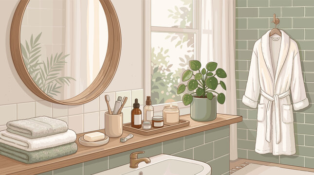 A serene bathroom illustration with natural light, a round mirror, skincare products, and a hanging bathrobe. Perfect for wellness, self-care, and home decor concepts.