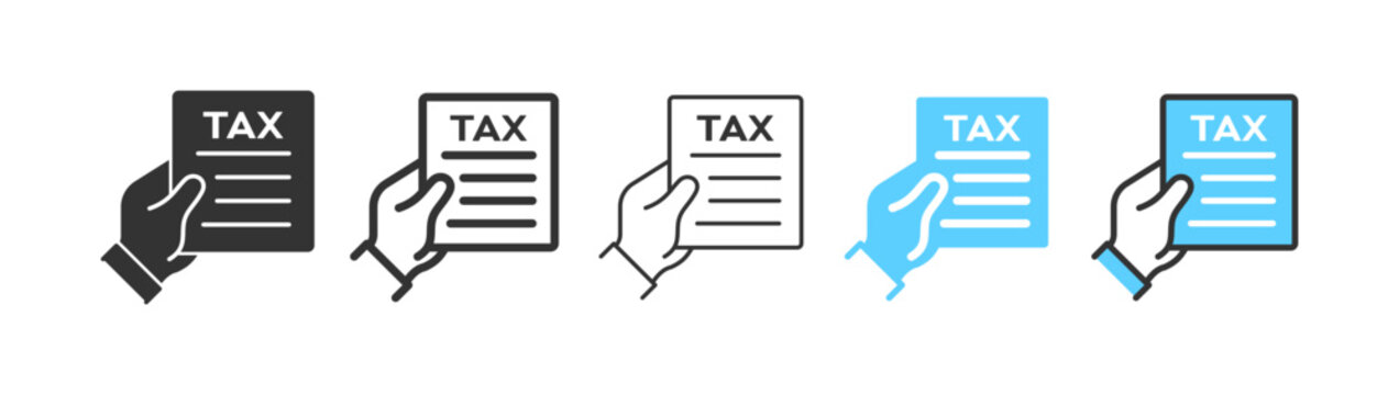 Tax document holding hand icon set. Tax form, tax return, tax payment, document in hand, finance, papers symbols. Outline, flat and colored vector illustration