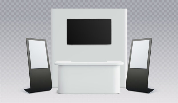 3d realistic trade show booth mockup with blank banners, display panel and counter, vector template isolated on transparent bg. Exhibition stand presentation, promotional event design in render style