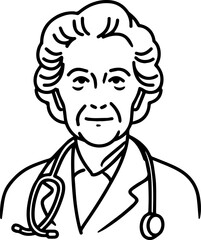 Obraz premium Hand Drawn Elderly Female Doctor Black and White Illustration in Minimal Line Art Style Design