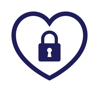 Secure heart icon, dark blue locked heart symbol, love and security concept, data protection vector graphic for digital privacy, relationship safety, and online trust.