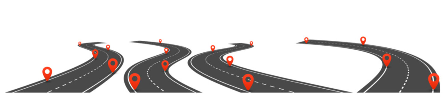 Winding highway road with infographic 3D isometric location pins, asphalt track or route with target signs. Vector roadmap illustration, zig zag path for journey, navigation concept design isolated