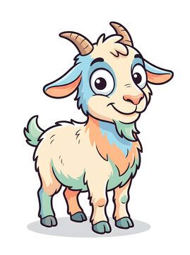 Cute cartoon goat illustration with big eyes and horns, standing and looking forward, suitable for children's books or farm animal themes