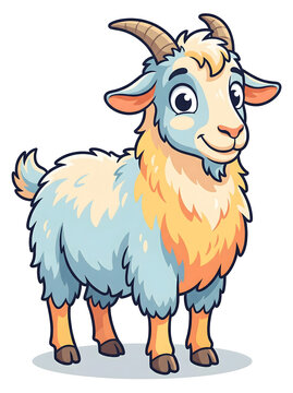 Delightful and friendly cartoon goat illustration, showcasing a charming farm animal with soft, colorful fur and small horns, ideal for children's projects, animal themes, and educational content