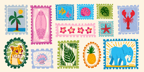 Vintage summer hand drawn postage stamps with tropical beach elements, postcard frames, vector sticker illustrations. Exotic vacation motifs, retro travel design and coastal prints with palm leaves © klyaksun