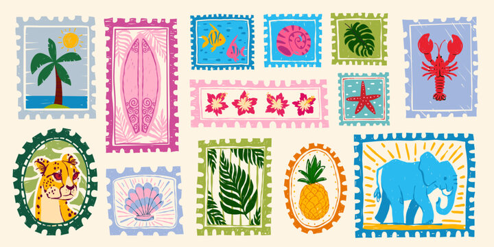 Vintage summer hand drawn postage stamps with tropical beach elements, postcard frames, vector sticker illustrations. Exotic vacation motifs, retro travel design and coastal prints with palm leaves