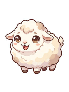 Adorable fluffy white cartoon sheep illustration, featuring big expressive eyes and a sweet, innocent smile, perfect for delightful children's designs and charming farm animal themes