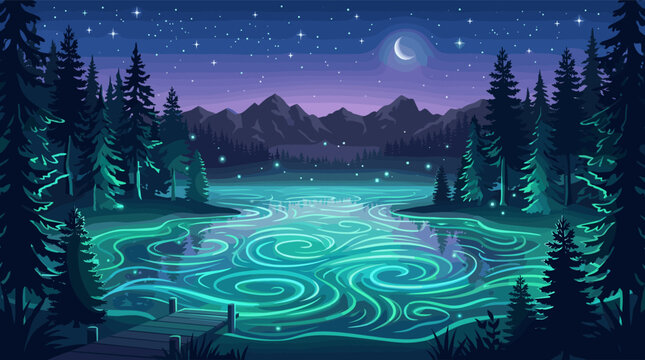 A tranquil illustration of a magical night landscape. A glowing turquoise lake swirls with light amid a pine forest and mountains under a starry sky. Perfect for fantasy or relaxation.