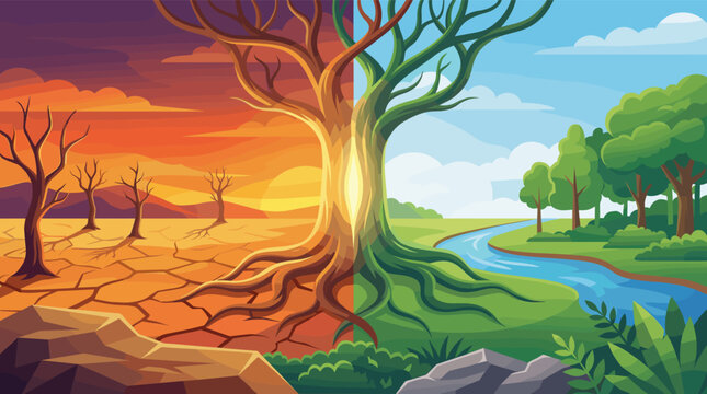 A powerful vector illustration showing a tree split between a dead, arid desert and a vibrant, lush forest. Conceptual art for climate change, ecology, and environmental choice.