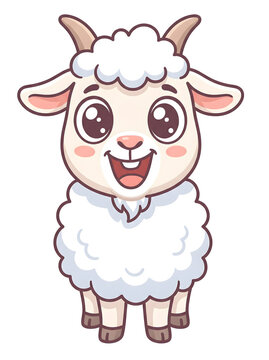 Cute cartoon baby goat illustration, with a happy face, big innocent eyes, and soft white wool, standing upright, embodying a charming animal concept for kids
