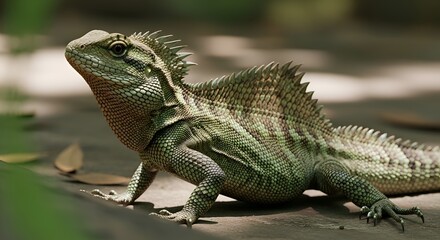 Fototapeta premium Green Water Dragon Lizard with Spiky Crest on Wooden Surface in Sunlight