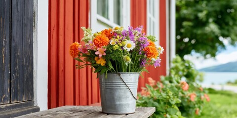 Obraz premium Bright Flowers in a Metal Bucket Displayed on a Red Barn Wall in a Garden Setting During Daytime